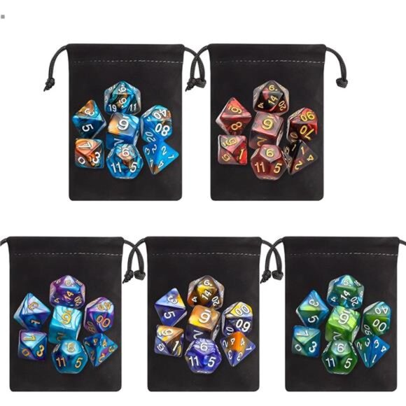 Polyhedral Dice Set (35 Pieces) with Black Pouches, 5 Complete Double-Colors - Picture 2 of 7